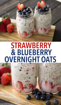 strawberry and blueberry overnight oats in mason jars