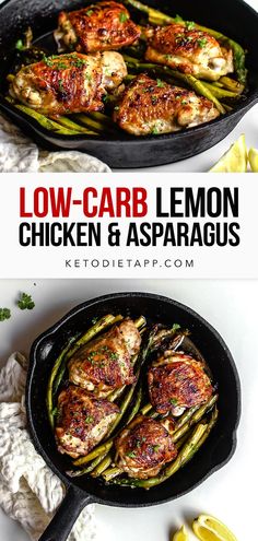 low carb lemon chicken and asparagus in a cast iron skillet