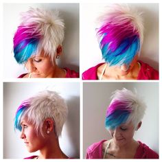 Pink, Blue and Platinum Blonde Pixie Cut Pixie Cut Color, Platinum Blonde Pixie, Blonde Pixie Cuts, Bright Hair, Haircut And Color