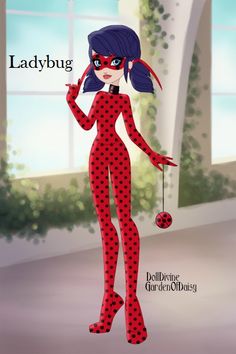 the ladybug doll is dressed in red and black polka dotty tights