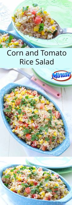 corn and tomato rice salad is shown in two separate images, with the same side dish