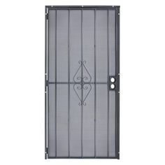 an iron door with a decorative design on the front and side panels, in black