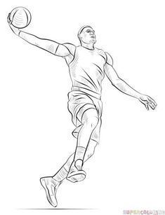 a drawing of a basketball player dribbling the ball with his right hand and one foot