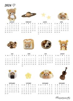 a calendar with teddy bears and other items on it