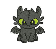 a small gray dragon with yellow eyes and large wings is shown in this embroidery design