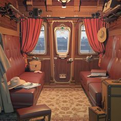 the inside of a train car with red leather seats and luggage on the floor next to it