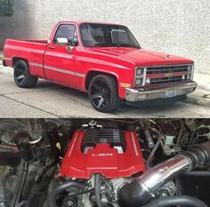 two pictures of the same red truck with its hood up and engine in it's side - by - side