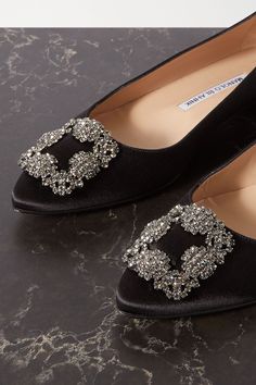 Black Hangisi embellished satin point-toe flats | Manolo Blahnik | NET-A-PORTER Hangisi Manolo Blahnik, Black Style Icons, Manolo Blahnik Hangisi Flats, Hangisi Flats, Fashion Illustration Portfolio, Manolo Blahnik Flats, Emili Sindlev, Manolo Blahnik Hangisi, Satin Noir