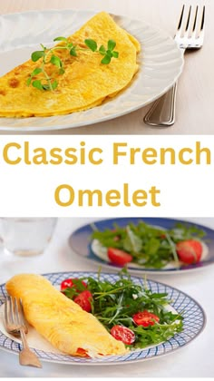 an omelet on a plate with a fork and knife next to it is the title for classic french omelet