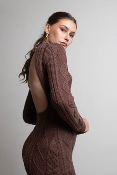 Look Back Brown Open Back Cable Knit Bodycon Sweater Dress Backless Sweater Dress, Backless Sweater, Backless Long Sleeve, Bodycon Sweater Dress, Bodycon Sweater, Chic Holiday, Trendy Outfits Winter, Trendy Winter, Long Sleeve Sweater Dress