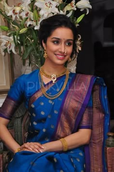 Royal Blue Saree, Maharashtrian Saree, Maharashtrian Jewellery, Blue Saree, Kanjivaram Sarees, Shraddha Kapoor, Saree Look