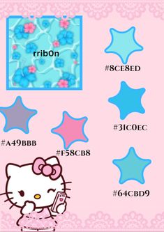 the hello kitty theme is shown in pink, blue and purple colors with stars around it