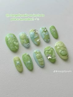 Nail Inspo Japanese, Green Nails Cute, Smiski Nails, Garden Nails Design, Green And White Nail Designs, Soft Green Nails, Green Jelly Nails Korean, Tamagotchi Nails, Soot Sprite Nails Acrylic