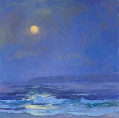 an oil painting of the ocean at night with a full moon in the sky above it