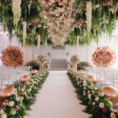 an aisle decorated with flowers and greenery