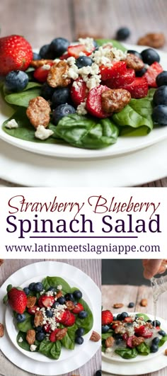 spinach salad with blueberries, strawberries and other fruit on top is shown