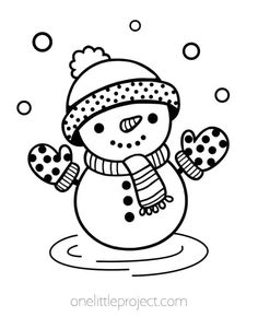 a black and white snowman with mittens on