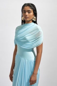 Blue maxi dress with fully cascading draped top-bottom and adorned with intricate pleated drapes detailing. - Aza Fashions 1900 Dresses, Baby Blue Maxi Dress, Pleated Drapes, Jasmine Dress, Blue Maxi Dress, Draped Top, Lingerie Outfits, Blue Maxi, Pleated Maxi Dress