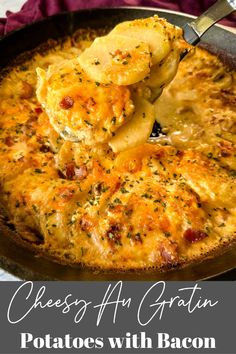 cheesy artichoke gratin potatoes with bacon in a cast iron skillet