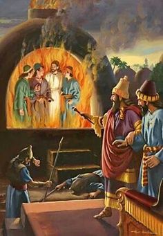 Daniel 3 New International Version (NIV) The Image of Gold and the Blazing Furnace 14 and Nebuchadnezzar said to them, “Is it true, Shadrach, Meshach and Abednego, that you do not serve my gods or worship the image of gold I have set up? 25 He said, “Look! I see four men walking around in the fire, unbound and unharmed, and the fourth looks like a son of the gods.”  Magic... Religious Pictures, Bible Illustrations, Bible Images, Bible Characters, Bible Pictures, Prophetic Art, Bible History, Christian Pictures, Bible Story