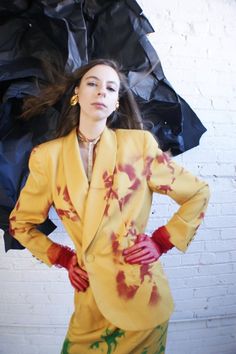 Unique Tie Dye Yellow Suited Suit Fitted Long Sleeve Outerwear With Set-in Sleeves, Spring Evening Blazer With Lapel Collar, Chic Fitted Long Sleeve Suits, Evening Blazer With Lapel Collar For Spring, Silk Suits For Fall Workwear, Silk Suits For Workwear In Fall, Chic Long Sleeve Skirt Suit For Fall, Tailored Skirt Suit For Fall Party, Fitted Yellow Party Suits