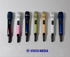 five different types of microphones lined up in a row with the words visco media written below them