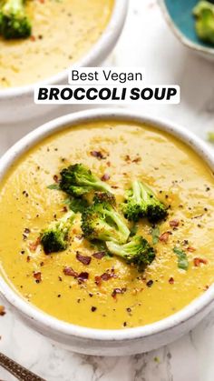 two white bowls filled with broccoli soup