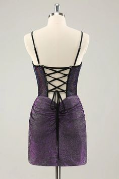 Amzcw Glitter Dark Purple Pleated Corset Short Homecoming Dresses with Lace Up Back Dark Purple Hoco Dress, Dark Purple Homecoming Dress, Violet Cocktail Dress, Homecoming Dress Corset, Vintage Short Dresses, Violet Cocktail, Purple Hoco Dress, Dresses Dark Purple, Purple Hoco