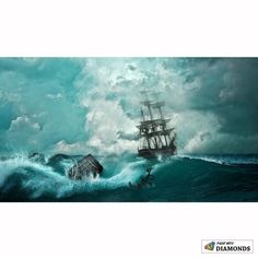 a painting of a ship in the middle of an ocean with storm clouds above it