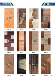 various types of wood flooring samples in different colors and sizes, with the names on them