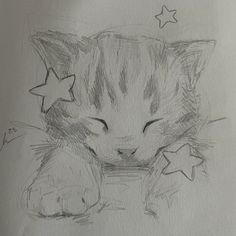 a drawing of a cat sleeping with its eyes closed and stars on it's head