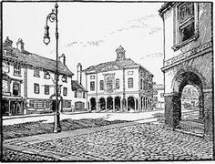 an ink drawing of a city street with buildings