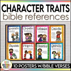 posters with different characters for children's bibles and the words, character traits