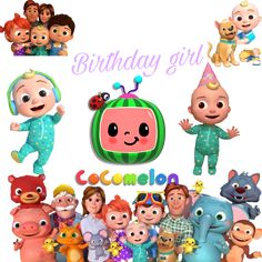 a group of cartoon characters standing next to each other in front of a birthday card