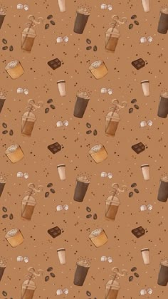 a brown background with coffee cups and beans