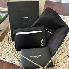 Ysl Tiny Cassandre Leather Credit Card Case In Black/Gold - New With Tags, Box, Pouch. Purchased And Never Used. Ysl Document Holder, Ysl Small Envelope, Bags Ysl, Box Pouch, Saint Laurent Bags, Yves Saint Laurent Bags, Card Case, Yves Saint Laurent, Wallets