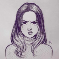 a pencil drawing of a woman with long hair and nose piercings on her head