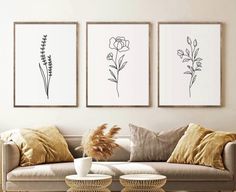 three framed art prints on the wall above a couch