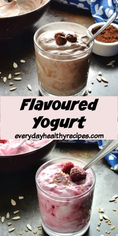 two glasses filled with yogurt on top of a table next to bowls and spoons