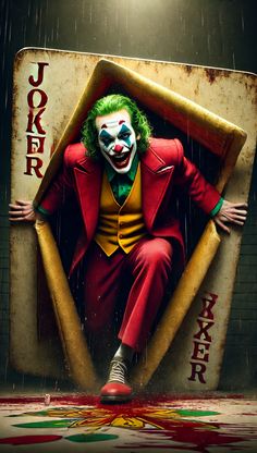 the joker is sitting in an open box with his hands on his hips and legs spread out