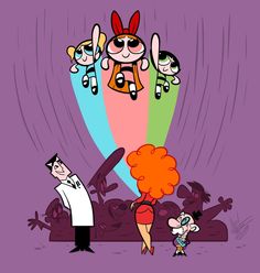 an animated scene with people in the background and cartoon characters on the wall behind them