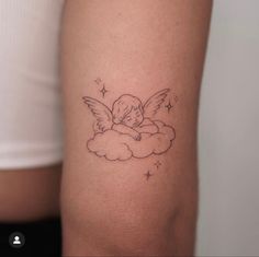 Line Art Tattoos Hands, Angel Tatoos Minimalist, Angel And Stars Tattoo, Earthy Feminine Tattoos, Sweet Angel Tattoo, Fineline Cherub Tattoo, Angel Tatoos Aesthetic, Fine Line Cherub Tattoo, Angel Line Tattoo