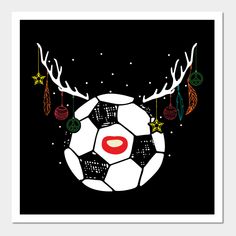 a soccer ball with reindeer antlers on it and christmas decorations hanging from the ceiling