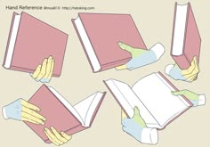 four hands are holding open books and touching them with their fingertipss to touch the book