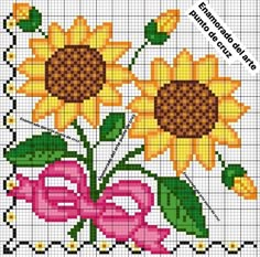 a cross stitch pattern with sunflowers in the center and a bow on the bottom