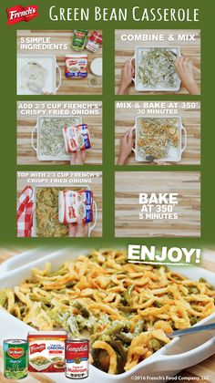 an advertisement for green bean casserole with instructions on how to bake it