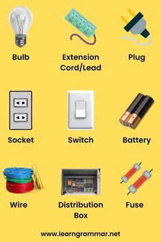 an image of electrical equipment that are labeled in english and spanish on a yellow background