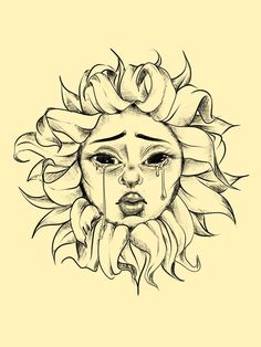 a drawing of the face of a woman with sunflowers on her head and eyes