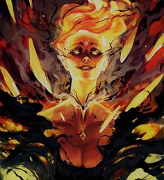 an artistic painting of a woman surrounded by flames