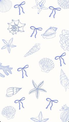 an image of seashells and starfish in blue ink on white paper with ribbon